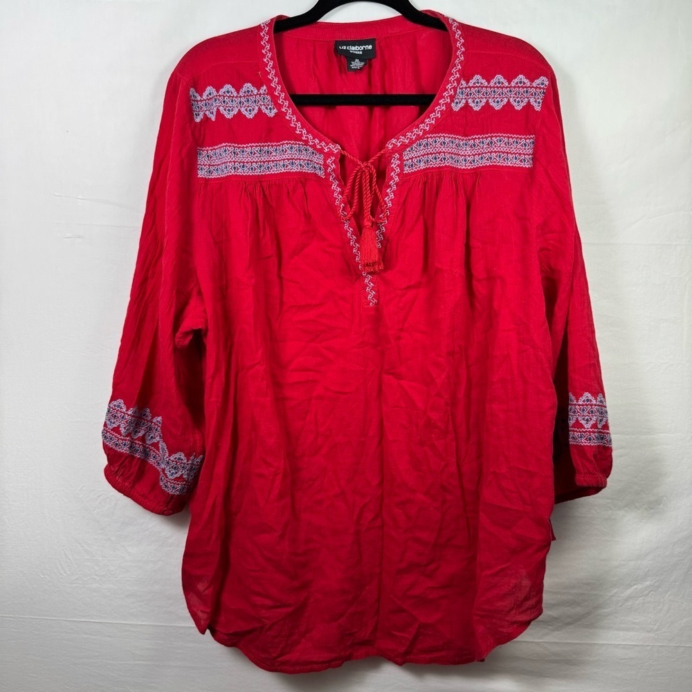 Liz Claiborne Red Tie Front Blouse with Embroidery Women’s Size 2X